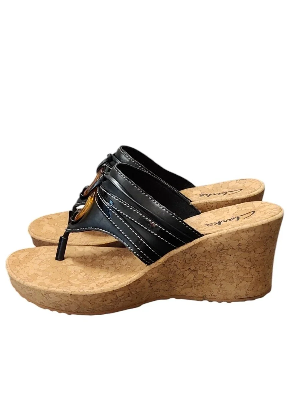 Clarks Yacht Marina Black Wedge Thong Sandal - Size 7.5
